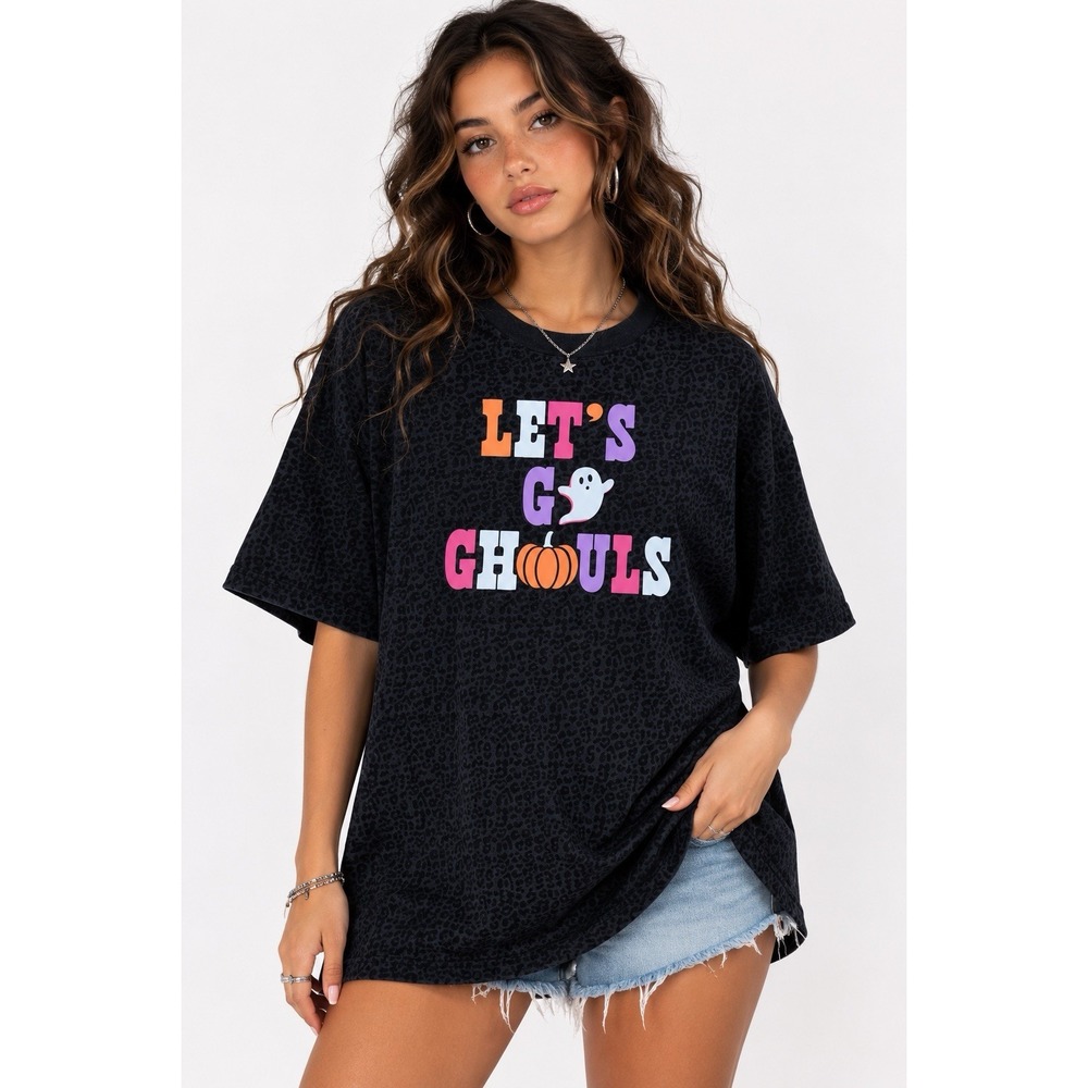 Good Times Great Adventures Lets Go Ghouls Graphic Tee Black Leopard Print M